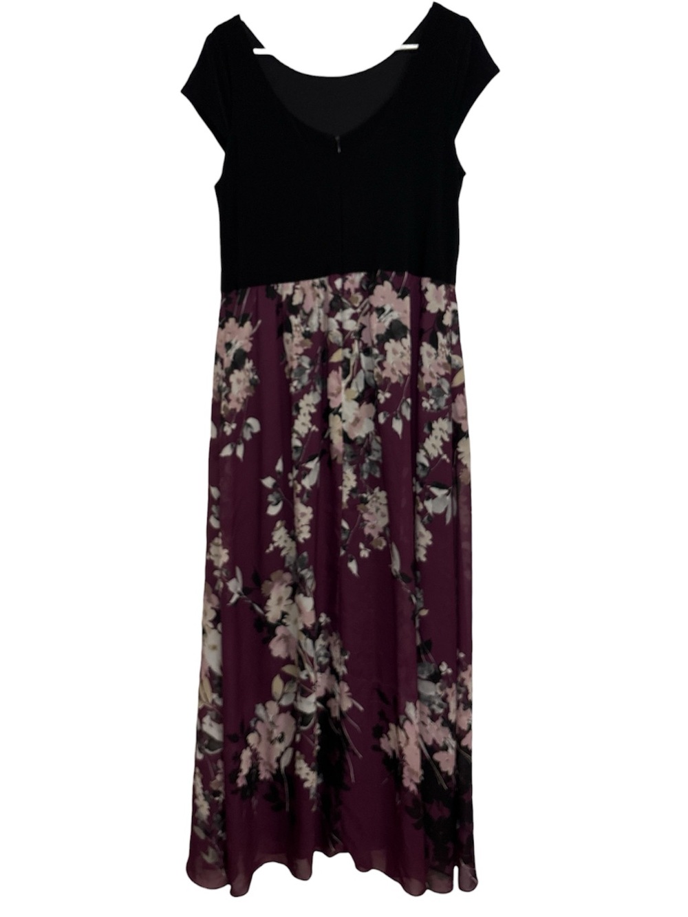 SLNY Size 14 Black Burgundy Floral Chiffon Maxi Dress with call outs - Picture 3 of 7